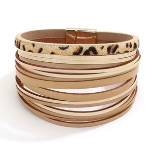 Multi-Strand Tan & Gold Leather Wrap Bracelet with Leopard Accent – Last One